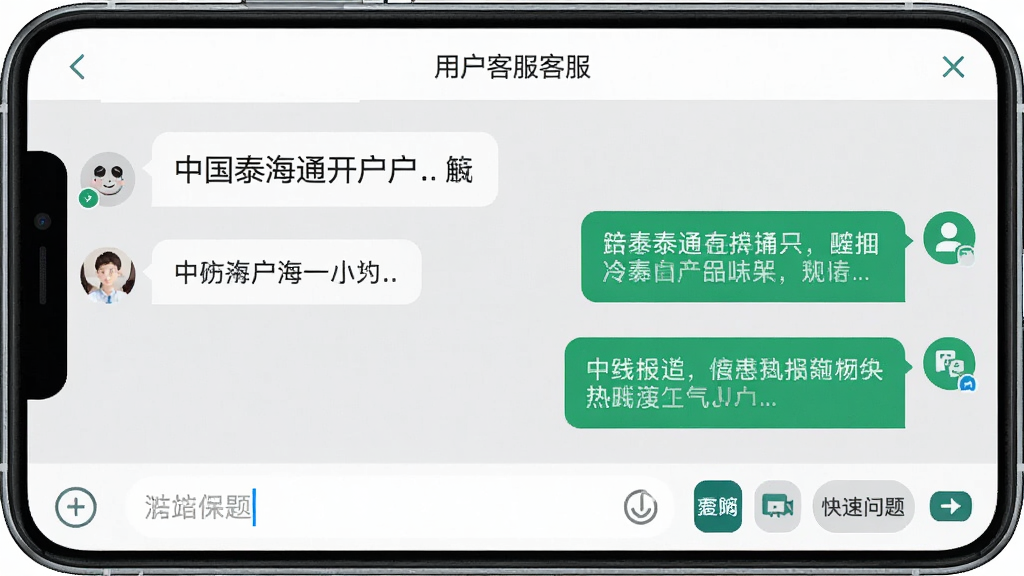 一张手机界面展示图,画面中国泰海通开户APP的在线客服聊天窗口,左侧是用户提问气泡,右侧是客服回复气泡,底部有输入框和快捷问题按钮,界面风格清爽,以白色和浅灰色为主,文字清晰可读,画质干净无多余元素