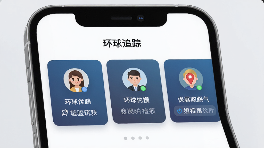 һ��AI���ɵ�ͼƬ������չʾ����׷��App�Ķ��豸�������棬�ֻ���Ļ���������豸��Ƭ������ʾ��ÿ����Ƭ����ͷ���豸���ƺ͵�ǰλ�ü��������涥���С�����׷�١�����������ǳ��ɫ����������񣬻�������������Ԫ��