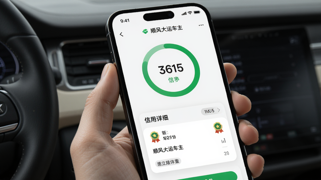 顺风大运车主 手机屏幕展示 主体是信用分界面 布局是上方分数环形图下方信用明细 排版是卡片式布局 风格现代简约 细节是绿色信用分和勋章图标 画质干净无多余元素