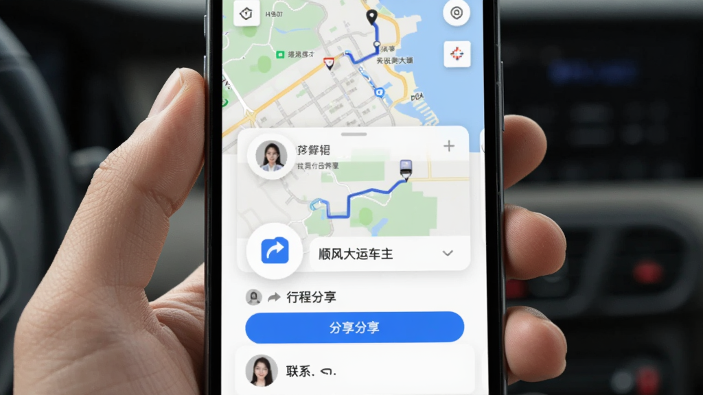 顺风大运车主 手机屏幕展示 主体是行程分享界面 布局是上方地图下方分享按钮 排版是居中显示行程卡片 风格简约现代 细节是蓝色分享图标和联系人列表 画质干净