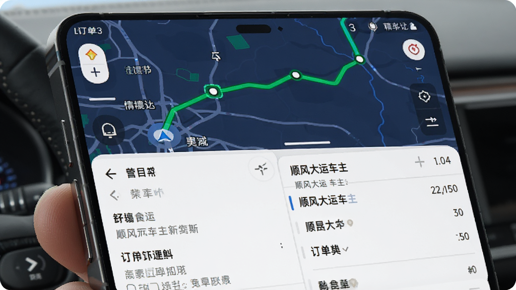顺风大运车主 手机屏幕展示 主体是地图导航界面 布局是上方路线规划下方订单列表 排版是左侧地图右侧订单信息 风格写实科技感 细节是绿色路线标注途经点 画质清晰干净