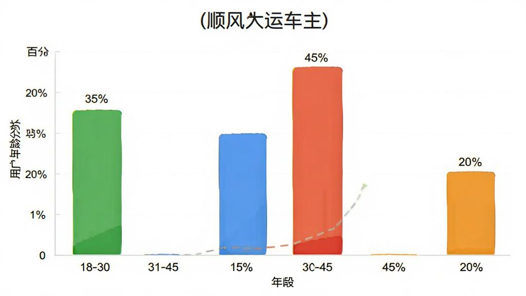 顺风大运车主 数据图表 主体是用户年龄分布柱状图 布局是横轴年龄段纵轴百分比 排版是彩色柱状图 风格数据可视化 细节是18-30岁35% 31-45岁45% 46岁以上20% 画质清晰干净