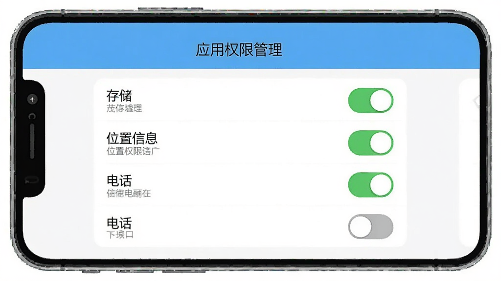 һ��չʾ��ï���桱App��װ��Ȩ�����õ��ֻ�����ʾ��ͼ���������ֻ���Ļ��ʾ��Ӧ��Ȩ�޹�����ҳ�棬ҳ�����С��洢������λ����Ϣ�������绰����Ȩ�޿��أ����С��洢���͡�λ����Ϣ������Ϊ��ɫ����״̬�����绰������Ϊ��ɫ�ر�״̬��������������࣬������������˵�������ʸɾ��޶���Ԫ��