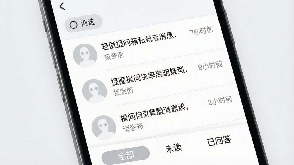 一张展示轻匿提问箱私密消息箱界面的手机UI设计图,画面中手机屏幕显示消息列表,每条消息左侧有匿名头像,右侧有提问内容和时间标签,顶部有筛选按钮,底部有「全部」「未读」「已回答」三个选项卡,整体风格简洁现代,色彩以白色和淡灰色为主,画质干净无多余元素
