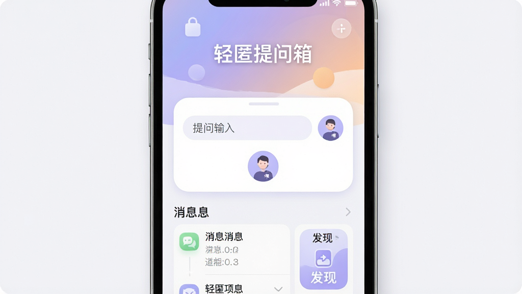 一张展示轻匿提问箱App主界面的手机截图风格图片,画面中央是手机屏幕,屏幕内显示轻匿提问箱的首页,顶部有柔和的渐变色彩,中间是提问输入框和匿名头像图标,底部是消息列表和发现频道入口,整体布局简洁清晰,风格现代扁平化,色彩以淡紫和白色为主,细节圆润,画质干净无多余元素,文字显示「轻匿提问箱」