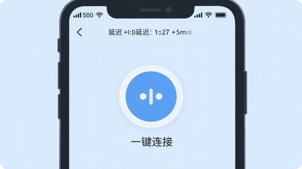 一张手机屏幕截图风格的插画,画面中央是HiKbao软件的界面,顶部显示网络信号强度和延迟数据,中间是一个醒目的圆形连接按钮,按钮下方有“一键连接”的中文标签,界面背景为干净的浅蓝色,整体布局简洁明了,风格为现代扁平化设计,细节圆润,画质清晰干净,无多余元素