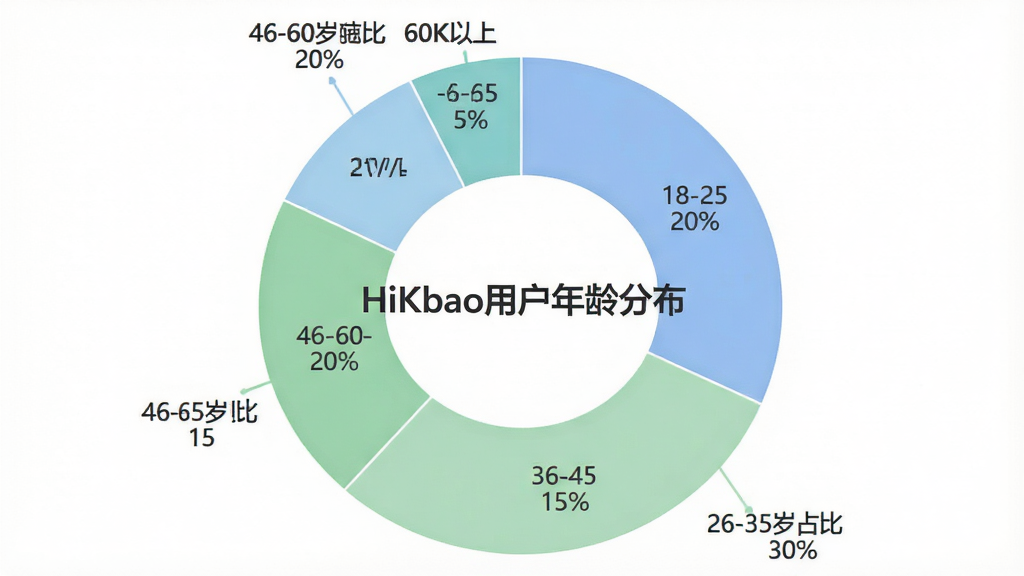 一张数据可视化图表,展示HiKbao用户年龄分布,图表类型为饼状图,分为五个扇形区域,分别标注18-25岁占比20%,26-35岁占比30%,36-45岁占比25%,46-60岁占比20%,60岁以上占比5%,图表配色柔和,以蓝色和绿色为主色调,背景干净白色,风格简洁现代,文字标签清晰,画质干净无多余元素,图表中央标注“HiKbao用户年龄分布”