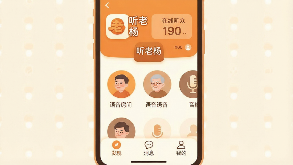 一张展示手机屏幕的插画,画面中央是“听老杨”的App图标和主界面,界面以暖橙色和米白色为主色调,顶部显示“语音房间”和“在线听众”数字,中间是几个圆形的语音房间入口卡片,底部是“发现”“消息”“我的”三个导航按钮,整体布局简洁清晰,风格温馨扁平化,细节圆润,画质干净,无多余元素