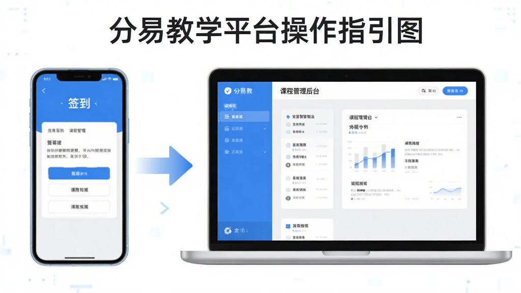 对分易教学平台操作指引图,主体为一部手机和一台笔记本电脑并排展示,手机屏幕显示签到界面,电脑屏幕显示课程管理后台,布局左右对称,排版中间用箭头连接表示数据同步,风格为简洁科技教育风,细节上设备边框圆润、屏幕内容清晰、配色蓝白灰为主,画质干净无多余元素。