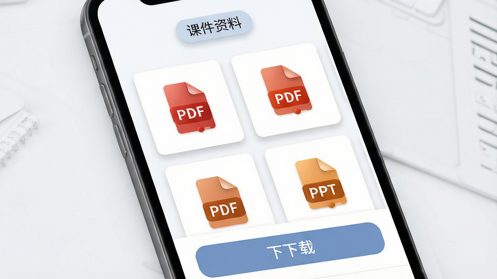 对分易教学平台课件共享界面,主体为手机屏幕展示课件列表,布局上方是课程名称标签,中间是多个文件卡片带有PDF和PPT图标,下方是下载按钮,排版整齐有序,风格为简洁商务教育风,细节上文件图标精致、卡片有轻微阴影、配色柔和,画质干净无多余元素,屏幕内文字清晰显示“课件资料”。
