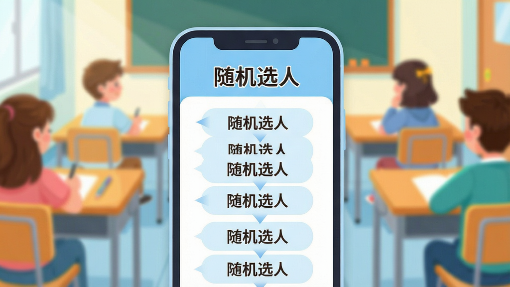 对分易教学平台随机选人功能界面,画面中央是手机屏幕特写,屏幕显示一个滚动名字的动画效果,周围环绕着教室课桌椅和学生的虚化背景,布局突出手机屏幕主体,排版简洁聚焦,风格为明亮活泼的教育场景插画风,细节上手机边框圆润、屏幕内文字清晰显示“随机选人”字样,画质干净无多余元素。