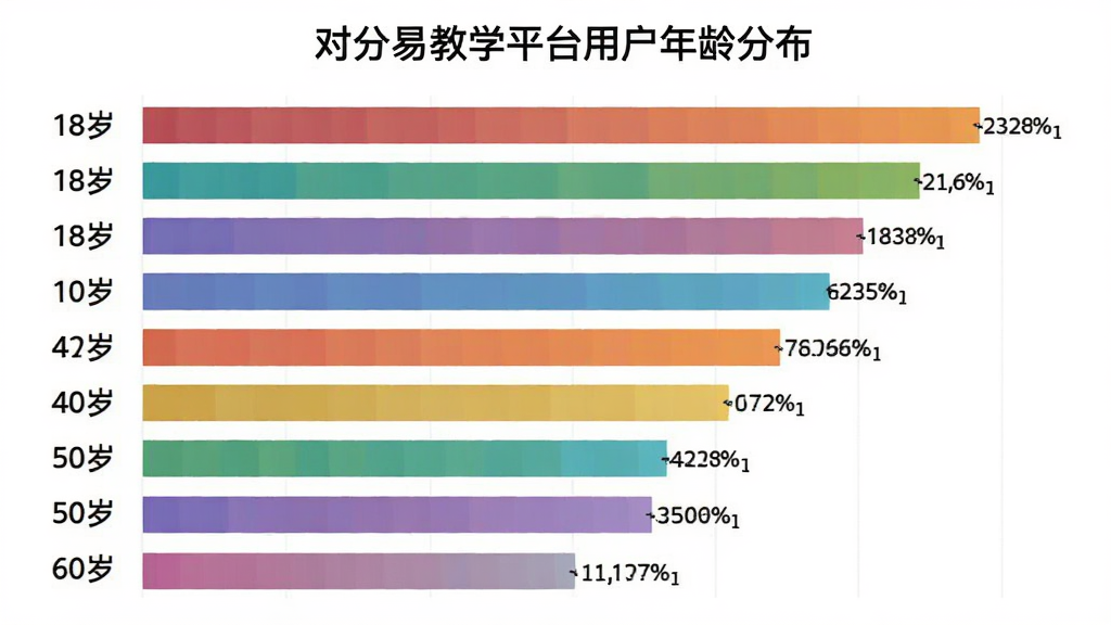 对分易教学平台用户年龄分布柱状图,主体为横向柱状图,布局左侧是年龄段标签从18岁到60岁,右侧是彩色柱条显示占比,排版清晰对齐,风格为扁平化数据可视化,细节上柱条颜色渐变、数值标注在柱条末端、背景干净,画质清晰无多余元素,图表标题显示“对分易教学平台用户年龄分布”。