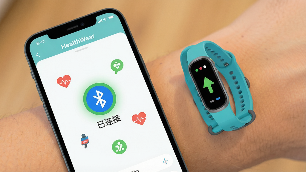 HealthWear 应用连接智能手环的界面,手机与手环之间显示蓝牙连接图标,屏幕上有“已连接”状态提示,周围环绕心率、步数小图标,扁平化设计风格,配色清爽,画质干净无多余元素