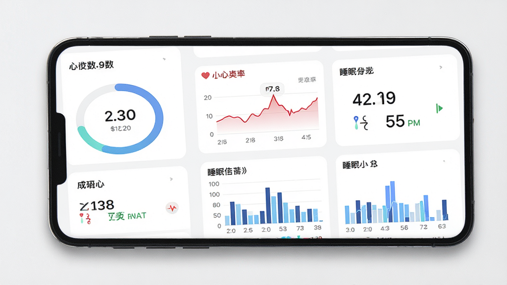 HealthWear 数据看板界面,手机屏幕显示步数圆环、心率折线图、睡眠柱状图,数据卡片排列整齐,背景白色,数字清晰,风格极简,画质干净无多余元素