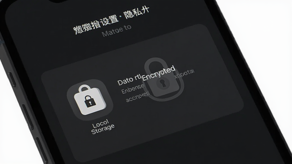HealthWear 隐私设置界面,手机屏幕显示本地存储图标和数据加密锁标志,背景深色,文字说明清晰,风格稳重,画质干净无多余元素