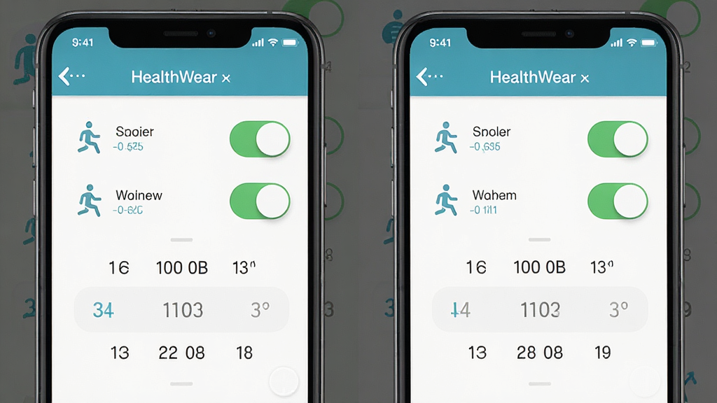 HealthWear 提醒设置界面,手机屏幕显示久坐提醒、喝水提醒开关按钮,时间选择器清晰可见,界面布局简洁,图标风格统一,画质干净无多余元素