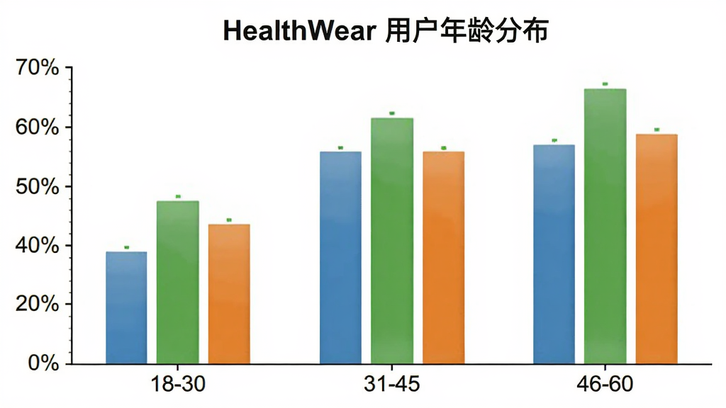 HealthWear 用户年龄分布柱状图,横轴为年龄段18-30、31-45、46-60,纵轴为百分比,柱体颜色分别为蓝、绿、橙,图表标题为“HealthWear 用户年龄分布”,背景白色,画质干净无多余元素