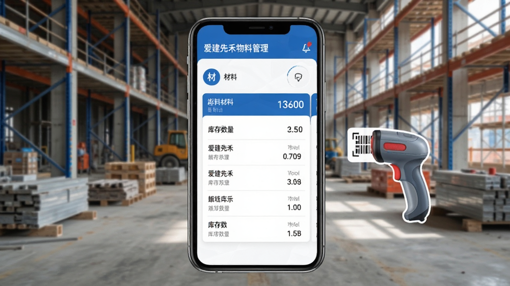 爱建先禾物料管理界面,手机屏幕显示材料列表和库存数量,旁边有扫码枪图标,背景为建筑工地仓库场景,界面以蓝白配色为主,数据清晰可见,风格现代简洁,画质干净无多余元素