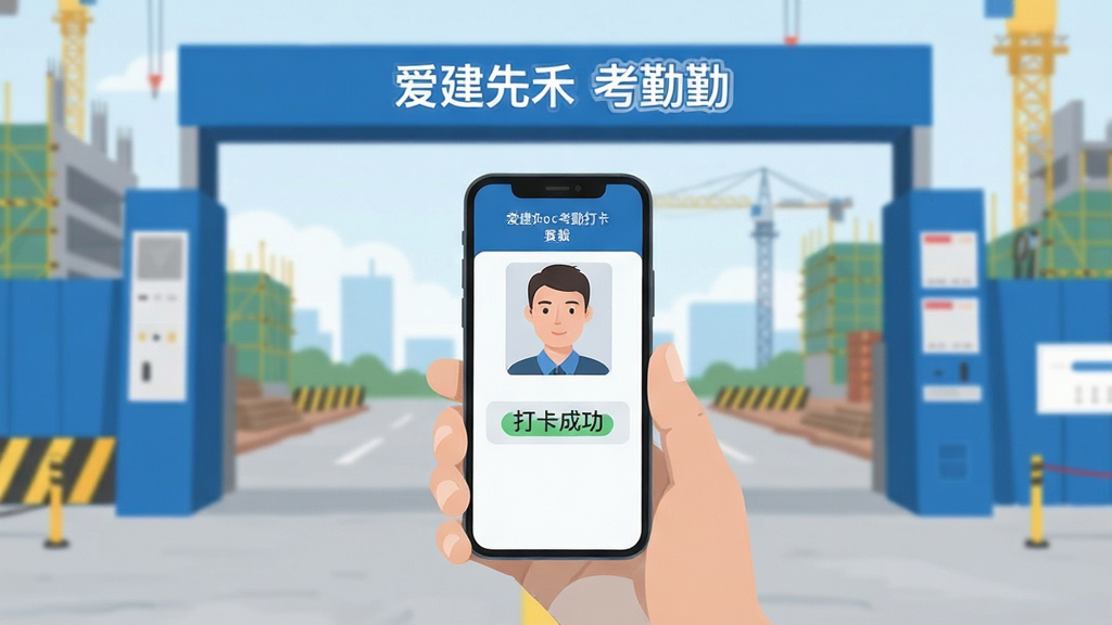 爱建先禾考勤打卡界面,工人手持手机进行人脸识别,手机屏幕显示“打卡成功”提示,背景为建筑工地入口,界面风格现代扁平,蓝白主色调,文字标签清晰,画质干净无多余元素