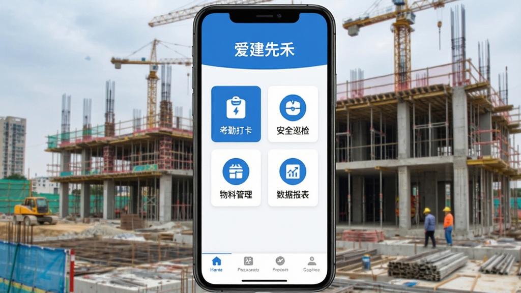 爱建先禾软件主界面展示,手机屏幕中显示建筑工地背景,界面以蓝白配色为主,顶部显示项目名称“爱建先禾”,中间区域有考勤打卡、安全巡检、物料管理、数据报表四个功能图标,底部导航栏清晰,整体风格简洁现代,画质干净无多余元素