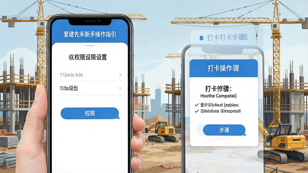 爱建先禾新手操作指引界面,手机屏幕显示权限设置页面和打卡操作步骤图,背景为建筑工地场景,界面以蓝白配色为主,文字标签清晰,风格现代扁平,画质干净无多余元素