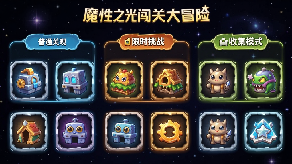 ��ħ��֮�ⴳ�ش�ð�ա��ؿ�ѡ����棬��Ļ�������Ŷ���ؿ�ͼ�꣬����ͨ�ؿ�����ʱ��ս���ռ�ģʽ���ֱ�ǩ����������ɫ�ǿգ�ͼ����з���Ч�����������룬���ʸɾ����޶���Ԫ��