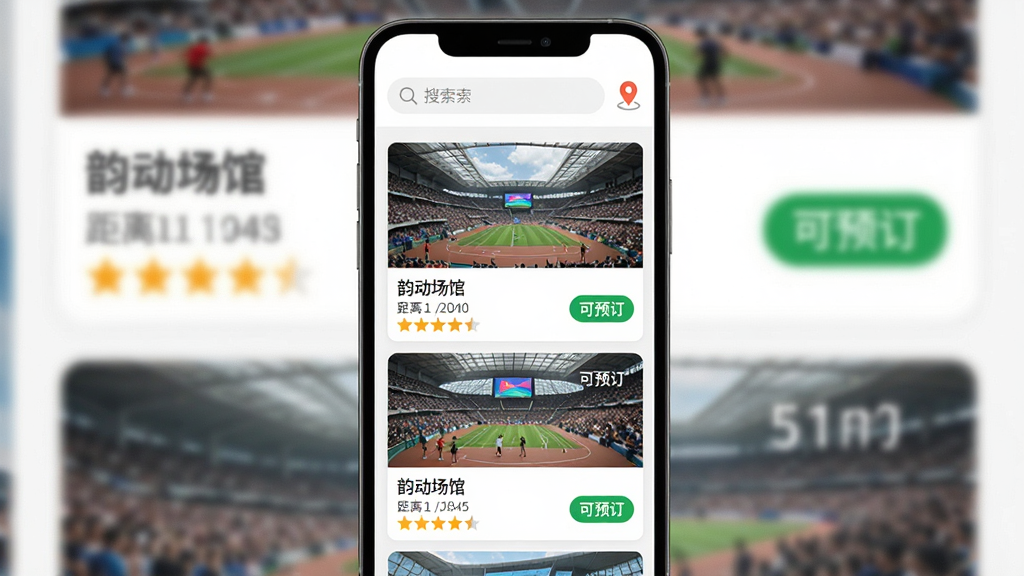 一张AI生成的图片,主体是“韵动场馆”APP的附近场馆推荐界面,布局是手机屏幕竖版展示,顶部是搜索栏和定位图标,中间是场馆卡片列表,每张卡片有场馆图片、名称、距离和价格标签,排版清晰整齐,风格是扁平化现代设计,细节包括星级评分和“可预订”绿色标签,画质干净明亮,无多余元素