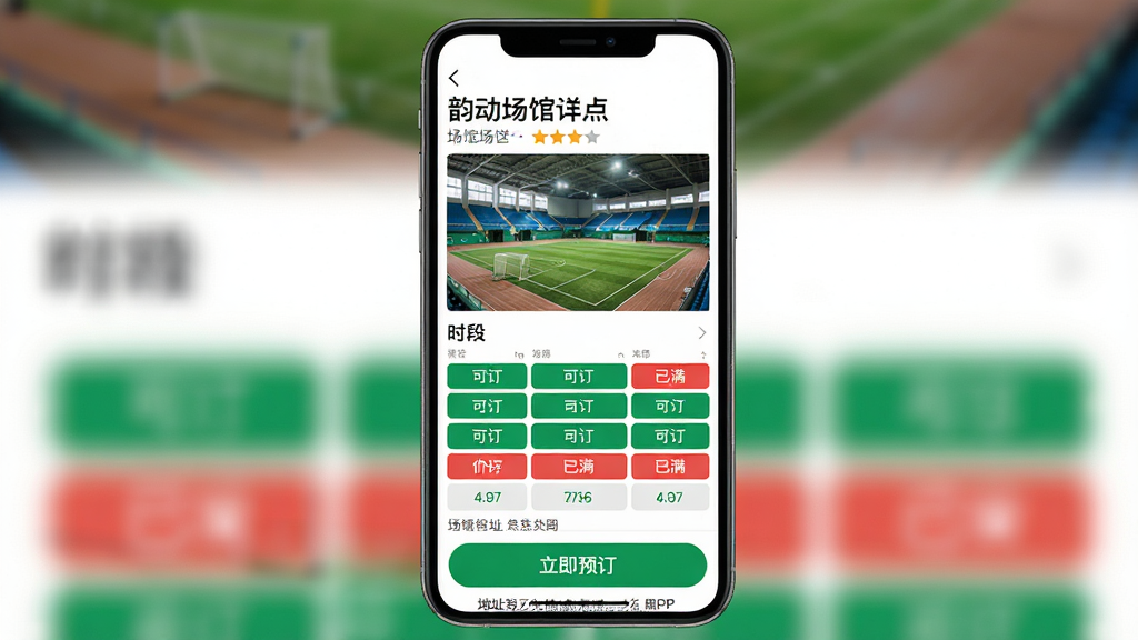 一张AI生成的图片,主体是“韵动场馆”APP的场馆详情页面,布局是手机屏幕竖版展示,顶部是场馆名称和评分,中间是场地实拍图和时段选择表格,绿色表示可订、红色表示已满,底部是“立即预订”按钮,排版清晰,风格是简洁现代,细节包括价格标签和场馆地址栏,画质干净明亮,无多余元素