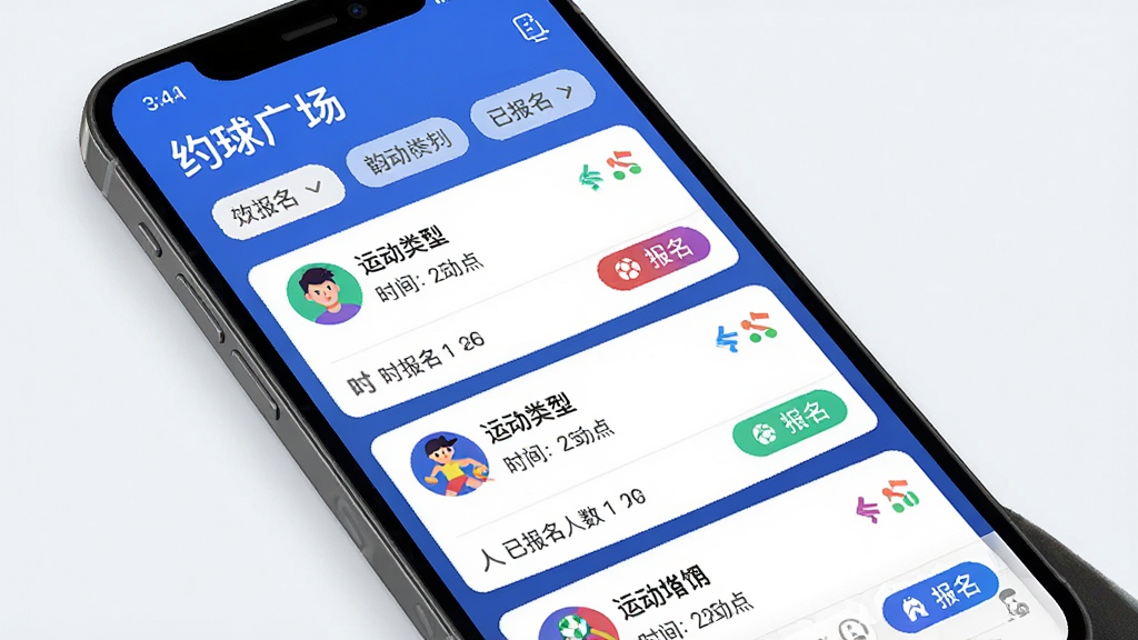 一张AI生成的图片,主体是“韵动场馆”APP的约球广场界面,布局是手机屏幕竖版展示,顶部有“约球广场”标题和筛选标签,中间是约球帖子列表,每个帖子显示发起人头像、运动类型、时间地点和已报名人数,排版是卡片式瀑布流,风格是年轻活力的运动风,细节包括彩色运动图标和报名按钮,画质干净清晰,无多余元素