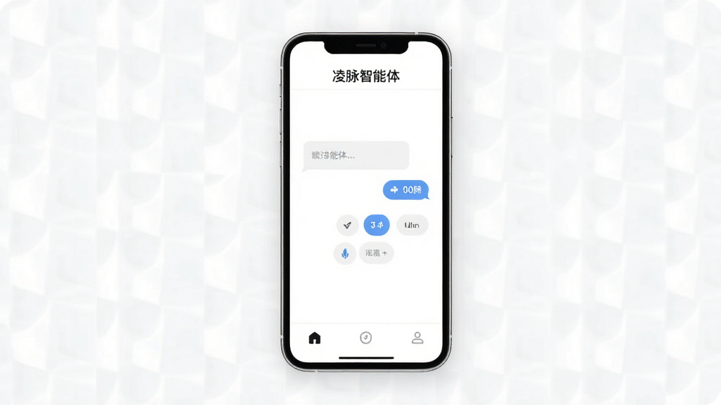 一张展示凌脉智能体简洁界面的图片,画面中手机屏幕显示凌脉智能体的主界面,顶部是“凌脉智能体”文字标识,中间是对话气泡和功能按钮,底部是三个简洁的导航图标,背景为纯白色,风格极简现代,画质干净无多余元素