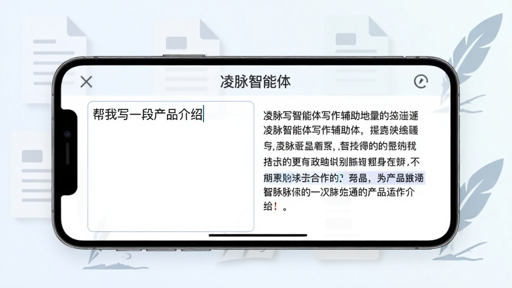 一张展示凌脉智能体写作辅助功能的图片,画面中一部手机横屏显示,屏幕左侧是输入框写着“帮我写一段产品介绍”,右侧是生成好的文案段落,背景有淡淡的文档图标和羽毛笔元素,风格简洁清新,画质干净,图片中文字为“凌脉智能体”