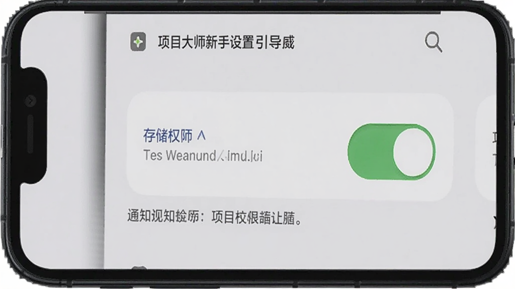 项目大师新手设置引导界面,手机屏幕显示项目大师的权限设置页面,有存储权限和通知权限的开关按钮,旁边有文字说明,背景是浅灰色,风格简洁清晰,画质干净无多余元素