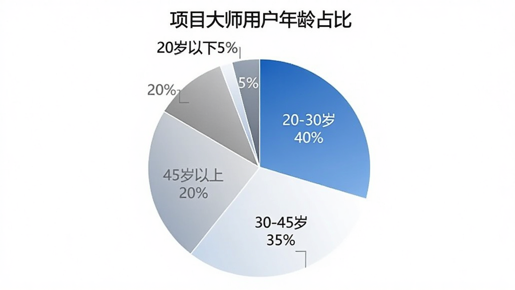项目大师用户年龄分布饼状图,图表标题为“项目大师用户年龄占比”,饼图分为四块,分别标注“20-30岁 40%”“30-45岁 35%”“45岁以上 20%”“20岁以下 5%”,配色为蓝白灰渐变,风格简洁商务,画质干净无多余元素