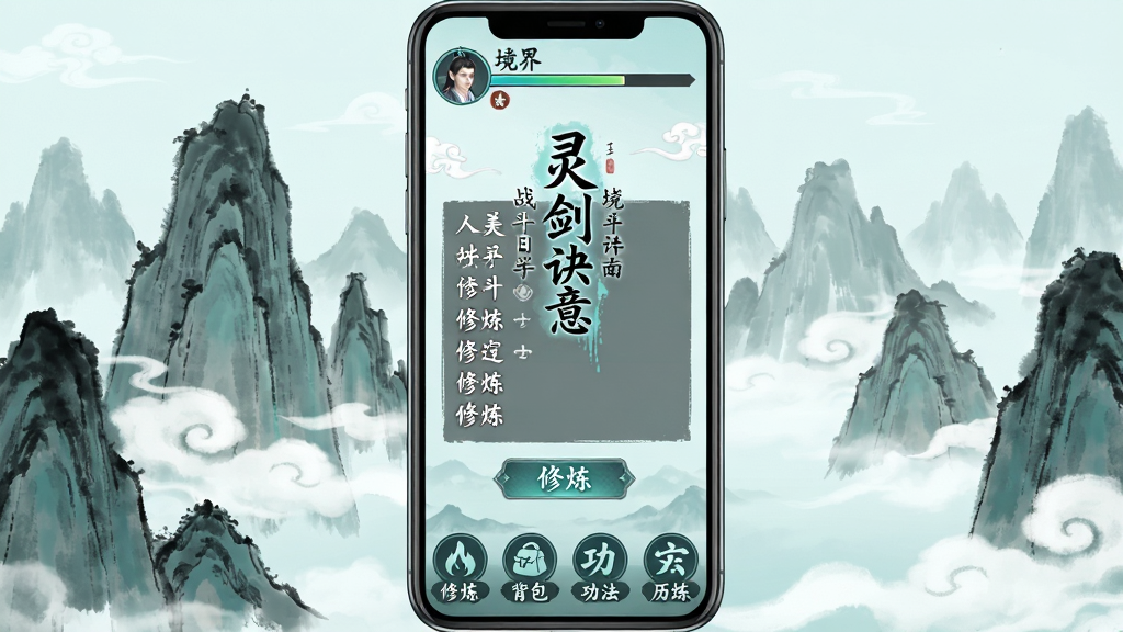 手机屏幕竖屏展示仙侠文字修仙游戏界面,画面中央是“灵剑诀意”游戏主界面,背景为水墨风格的山峰与云海,界面顶部显示角色境界与修为进度条,中间是竖排文字的战斗日志与修炼按钮,底部有修炼、背包、功法、历练四个功能图标,整体色调以青绿与墨色为主,风格简约古风,画质干净清晰,无多余元素