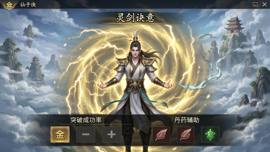 仙侠文字游戏境界突破界面,画面中央是“灵剑诀意”角色从金丹期突破至元婴期的特效场景,角色周身环绕金色雷光与灵气漩涡,界面下方显示突破成功率与丹药辅助选项,背景为云海翻涌的仙侠世界,整体风格华丽但不杂乱,画质干净清晰,无多余元素