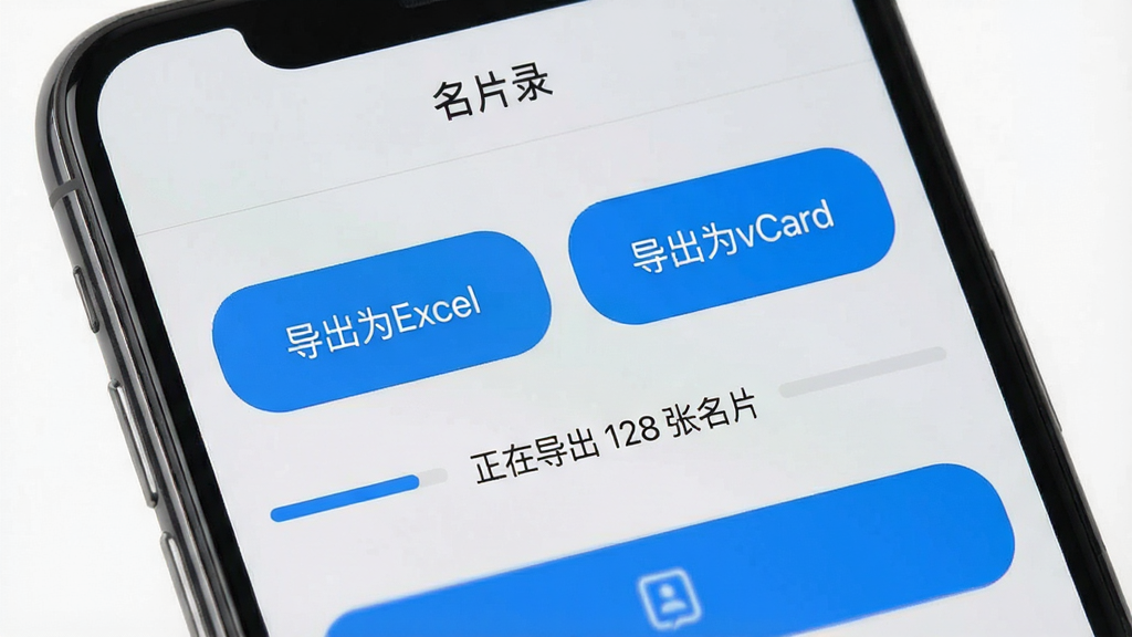 �ֻ���Ļ��ʾ����Ƭ¼��App�ĵ�������ҳ�棬ҳ�����С�����ΪExcel���͡�����ΪvCard��������ť���·��н�������ʾ�����ڵ��� 128 ����Ƭ����������ǳ��ɫ����ť����ɫԲ�Ǿ��Σ������ˬ����������