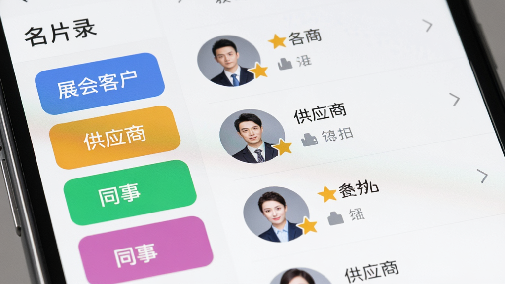 �ֻ���Ļ��д��չʾ����Ƭ¼��App����ϵ�˷���������棬����ǲ�ɫ��ǩ����д�š�չ��ͻ���������Ӧ�̡�����ͬ�¡����������Ҳ�����ϵ���б���ÿ����ϵ��ͷ�������Ǳ�ͱ�עСͼ�꣬�����Ű�����������Լ���񣬻��ʸɾ�
