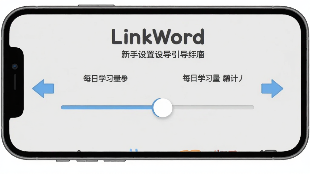 LinkWord 新手设置引导界面,手机屏幕显示选择词库和每日学习量的滑动条,界面简洁,有箭头指引操作步骤,背景为浅灰色,文字清晰,风格友好