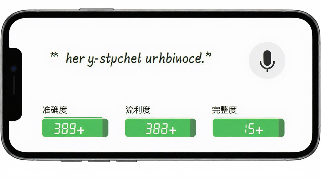 LinkWord 跟读打分功能界面,手机屏幕显示英文例句和麦克风图标,下方有准确度、流利度、完整度三个评分条,分数显示为绿色高分,背景干净,画质清晰