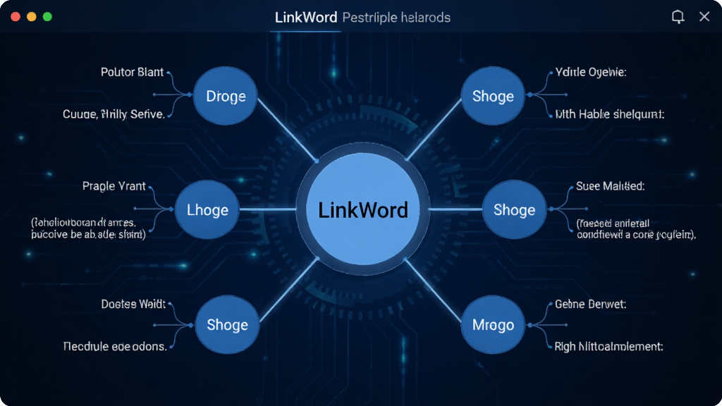 LinkWord 智能关联记忆功能界面,中心单词向外辐射出多个关联词和例句,节点连线清晰,背景为深蓝色科技感风格,文字清晰可读,布局整洁,画质干净