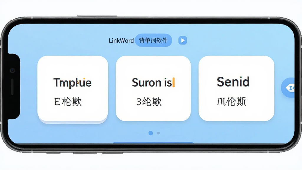 LinkWord 背单词软件主界面,手机屏幕显示英文单词卡片和中文释义,背景为浅蓝色渐变,界面干净清爽,扁平化设计风格,图标圆润,画质高清,无多余元素