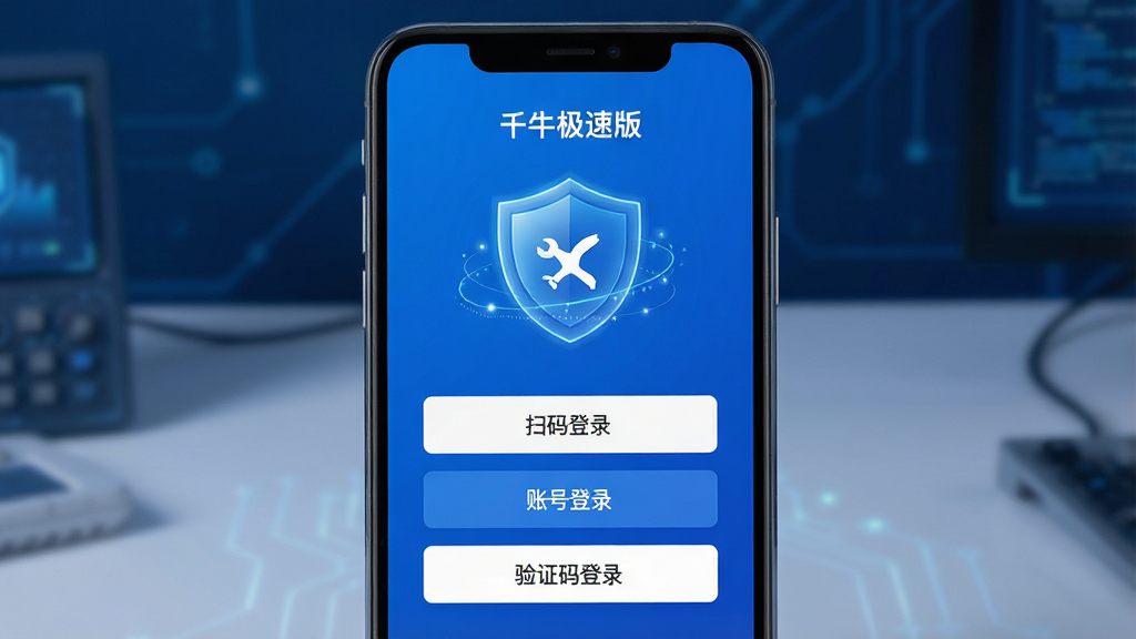 千牛极速版安全登录界面展示,手机屏幕上显示登录选项,包括“扫码登录”、“账号登录”、“验证码登录”,背景有盾牌形状的安全图标,画面整体色调为科技蓝,风格安全可靠,画质清晰干净