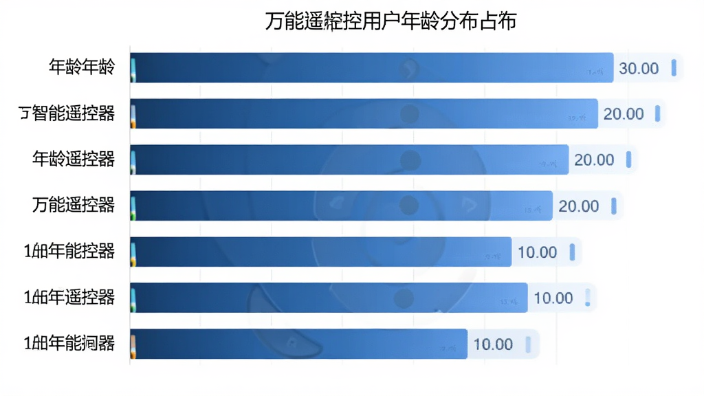 智慧万能遥控器用户年龄分布柱状图,主体是横向柱状图展示不同年龄段用户占比,布局左侧为年龄标签右侧为柱形,排版简洁明了,风格为数据可视化风,细节上柱子颜色为蓝色渐变,背景是白色,画质清晰,干净无多余元素