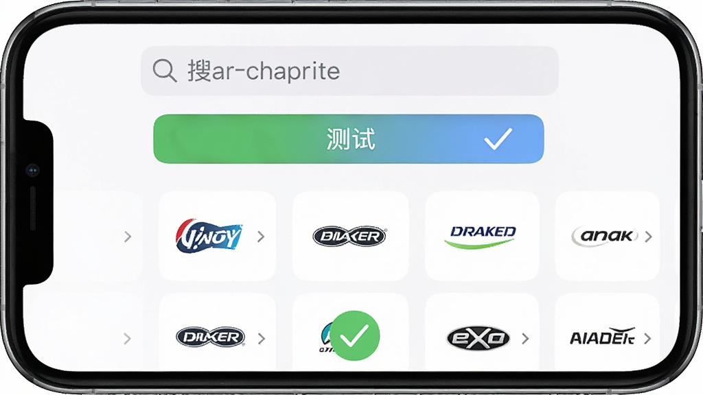 智慧万能遥控器正在匹配空调品牌的界面截图风格图,主体是手机屏幕显示品牌列表和测试按钮,布局分为上下结构,上方是搜索框,下方是品牌图标网格,排版整齐,风格为清爽的iOS设计风,细节上有一个绿色的对勾图标表示匹配成功,背景是纯白色,画质清晰,干净无多余元素