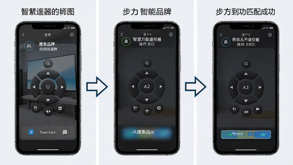 智慧万能遥控器操作流程图,主体是手机屏幕显示从搜索品牌到匹配成功的三个步骤截图,布局为横向排列的三联图,排版清晰有箭头引导,风格为教程图解风,细节上每一步都有文字标注,背景是纯色,画质干净,无多余元素