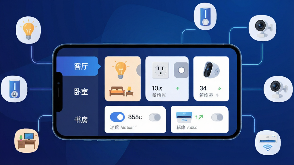 一张展示智享云控多设备管理功能的图片,画面中一部手机横屏显示,屏幕里是智享云控的设备列表界面,左侧有“客厅”“卧室”“书房”三个分组标签,右侧对应分组下排列着灯泡、插座、摄像头、空调等设备卡片,每个卡片上有开关按钮和状态文字,手机周围漂浮着几个连接线条指向不同设备图标,风格为科技感扁平插画,背景为深蓝色渐变,画质干净无多余元素