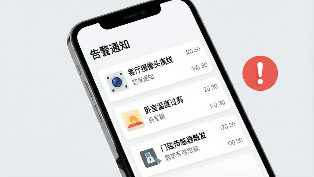 一张展示智享云控实时告警功能的图片,画面中一部手机竖屏显示,屏幕里是智享云控的消息通知界面,顶部有“告警通知”标题,下方排列着几条通知卡片,分别显示“客厅摄像头离线”“卧室温度过高”“门磁传感器触发”等信息,每条通知左侧有对应的小图标,右侧有时间戳,手机旁边有一个红色感叹号图标,风格为简洁扁平化设计,背景为浅灰色,画质清晰干净无多余元素