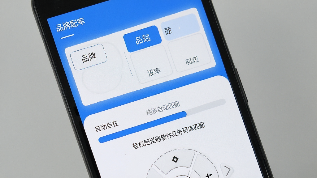 一张展示万能遥控器轻松配软件红外码库匹配界面的手机截图,画面主体是一部安卓手机,屏幕中显示万能遥控器轻松配的设备匹配页面,页面上方有品牌选择区域,下方是正在自动匹配的进度条和提示文字,界面以蓝白配色为主,风格简洁清晰,画质干净,无多余元素,背景为纯色。