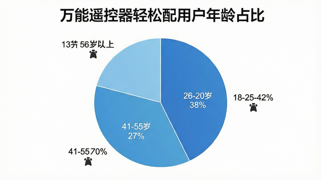 一张展示万能遥控器轻松配用户年龄分布的饼状图,图表标题为“万能遥控器轻松配用户年龄占比”,饼图分为四个区块,分别标注18-25岁占22%、26-40岁占38%、41-55岁占27%、56岁以上占13%,配色以蓝色系渐变为主,风格简洁商务,画质清晰,无多余元素,背景为白色。