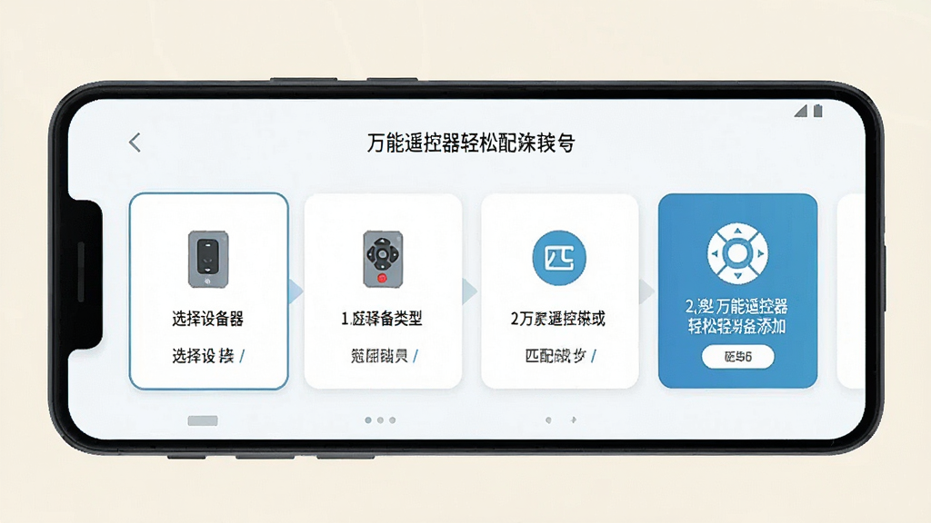 一张展示万能遥控器轻松配软件添加遥控器操作步骤的示意图,画面主体是一部安卓手机,屏幕中显示万能遥控器轻松配的设备添加流程,从选择设备类型到匹配成功的几个关键步骤以卡片形式排列,界面简洁明了,以蓝色和白色为主色调,风格扁平化,画质清晰,无多余元素,背景为浅色。